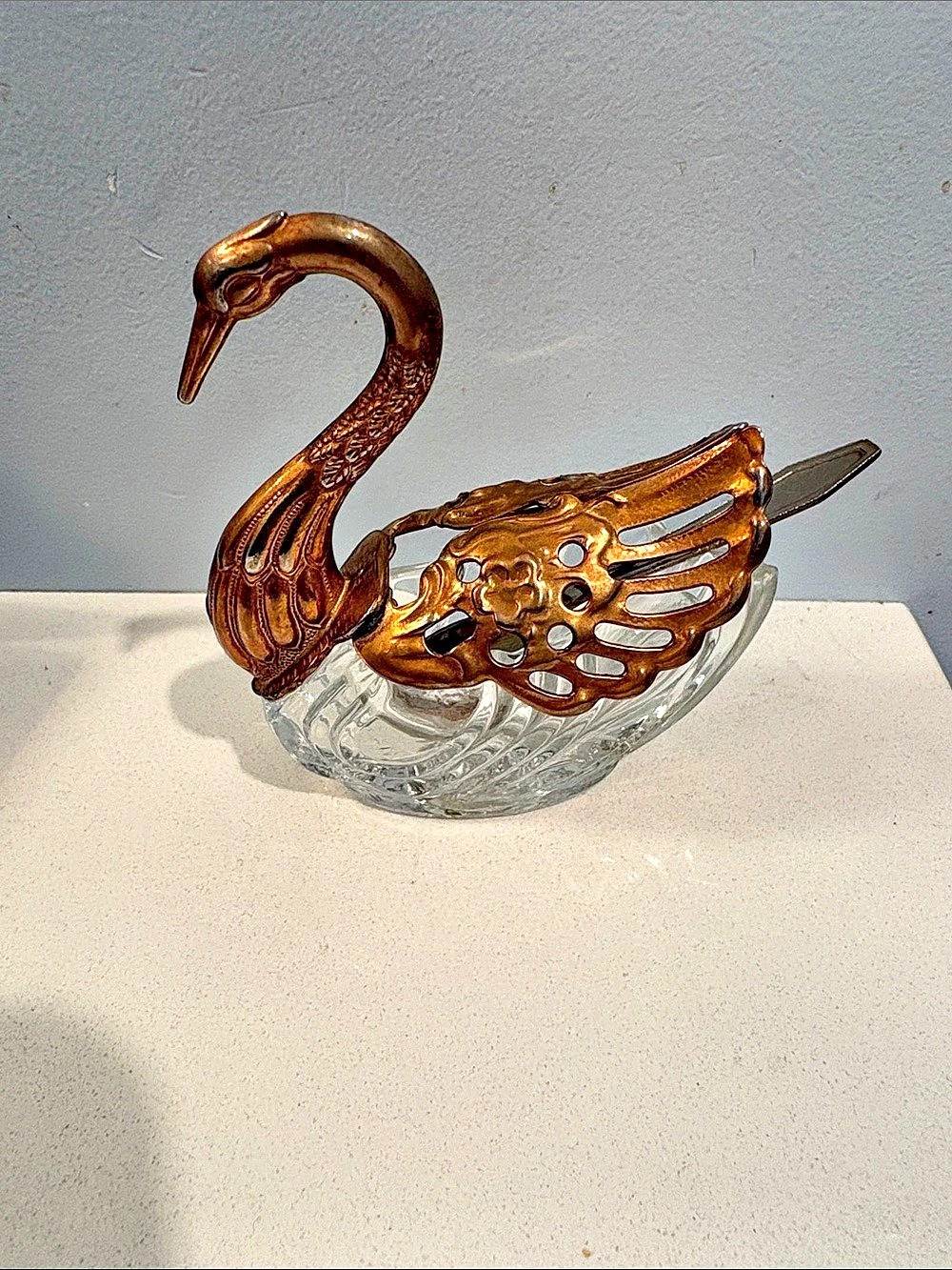 Vintage Brass Tone and Glass Swan Salt Cellar